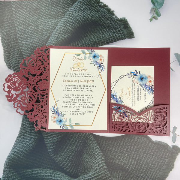 Burgundy Laser Cut Pocket Fold with Blue Floral Invitation LCZ226