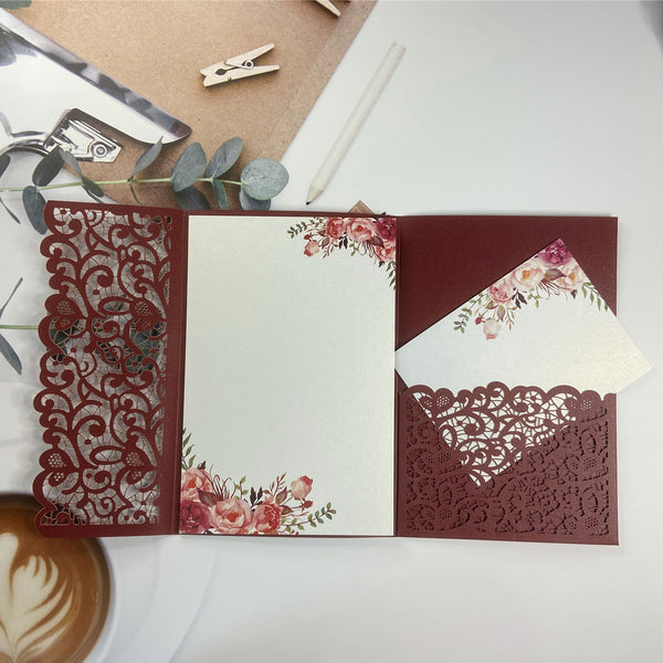 Burgundy Laser Cut Pocket Fold with Burgundy Floral Wedding Invitations LCZ233