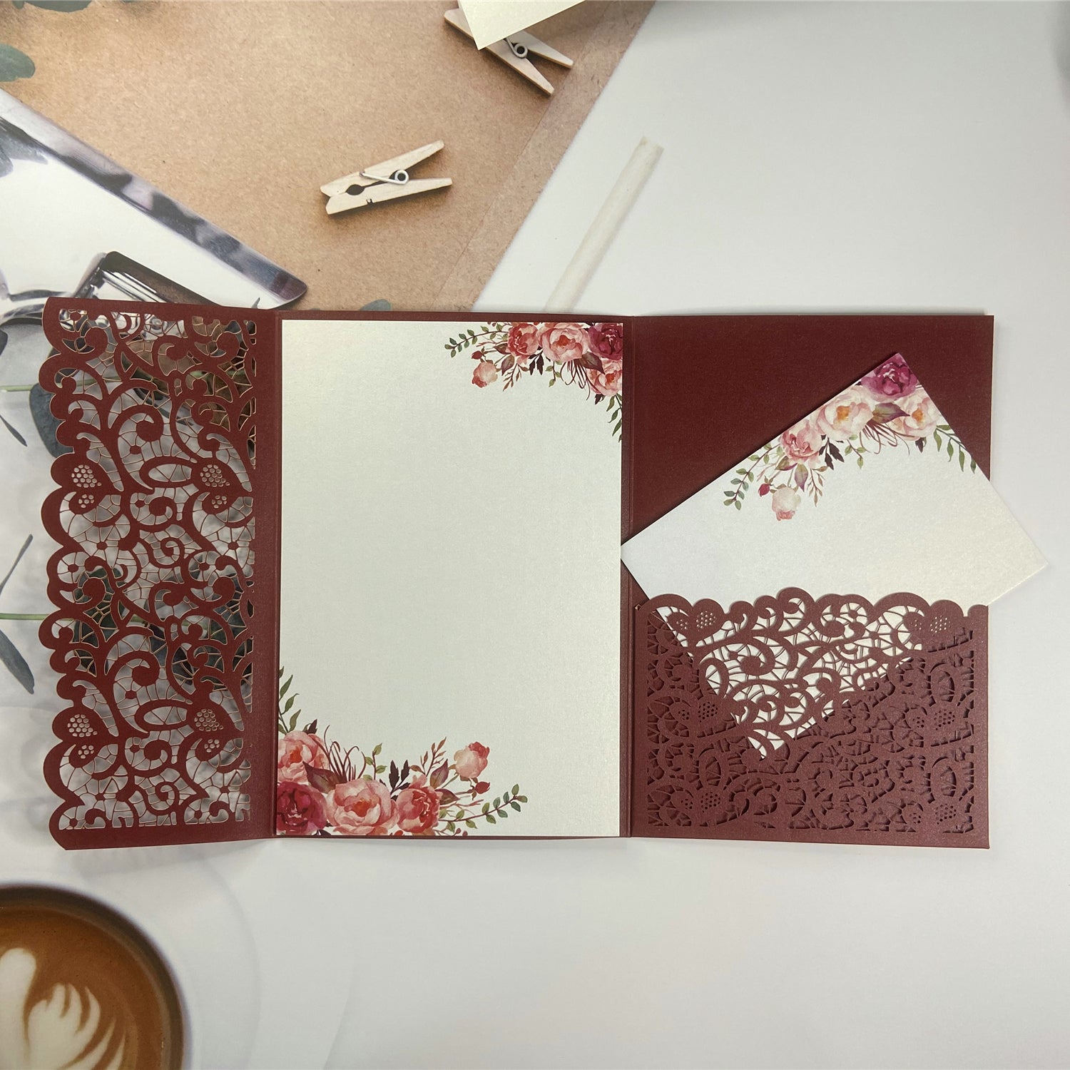 Burgundy Laser Cut Pocket Fold with Burgundy Floral Wedding Invitations LCZ233