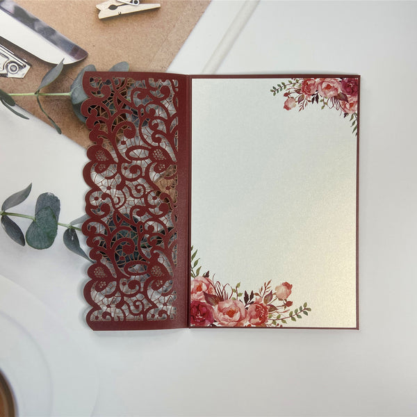 Burgundy Laser Cut Pocket Fold with Burgundy Floral Wedding Invitations LCZ233