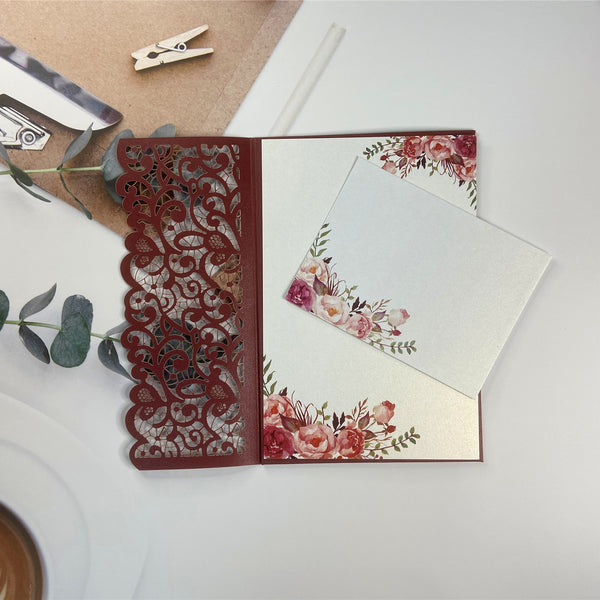 Burgundy Laser Cut Pocket Fold with Burgundy Floral Wedding Invitations LCZ233