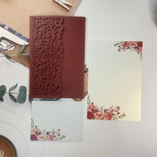 Burgundy Laser Cut Pocket Fold with Burgundy Floral Wedding Invitations LCZ233