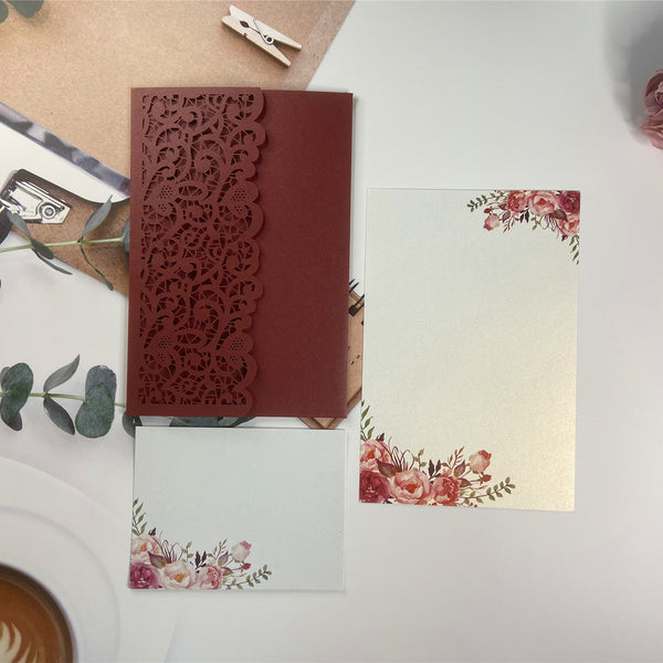 Burgundy Laser Cut Pocket Fold with Burgundy Floral Wedding Invitations LCZ233