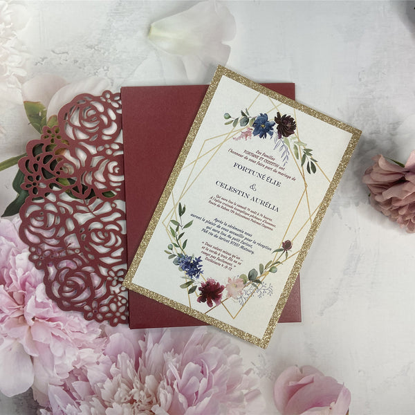 Chic Burgundy Laser Cut Pocket Fold and Blue Floral Wedding Invitations with Glittery Gold Foil LCZ237