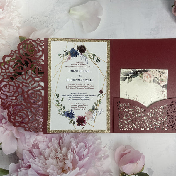 Chic Burgundy Laser Cut Pocket Fold and Blue Floral Wedding Invitations with Glittery Gold Foil LCZ237