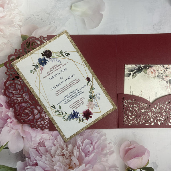 Chic Burgundy Laser Cut Pocket Fold and Blue Floral Wedding Invitations with Glittery Gold Foil LCZ237