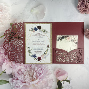 Chic Burgundy Laser Cut Pocket Fold and Blue Floral Wedding Invitations with Glittery Gold Foil LCZ237