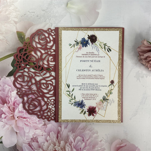 Chic Burgundy Laser Cut Pocket Fold and Blue Floral Wedding Invitations with Glittery Gold Foil LCZ237