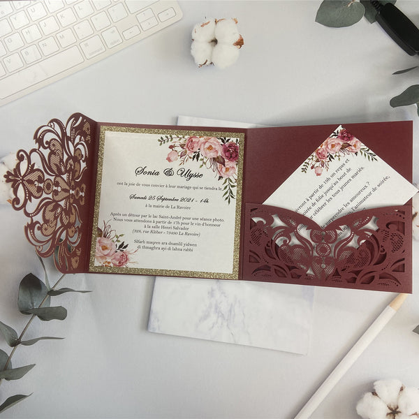 Chic Burgundy Pocket Wedding Invitation with Gold Foil Floral Design Insert LCZ224