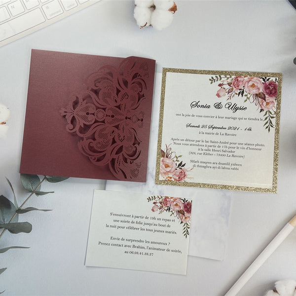 Chic Burgundy Pocket Wedding Invitation with Gold Foil Floral Design Insert LCZ224