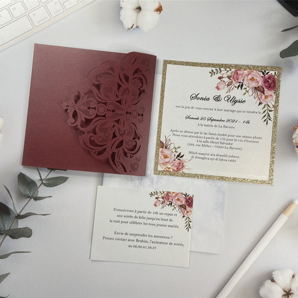 Chic Burgundy Pocket Wedding Invitation with Gold Foil Floral Design Insert LCZ224