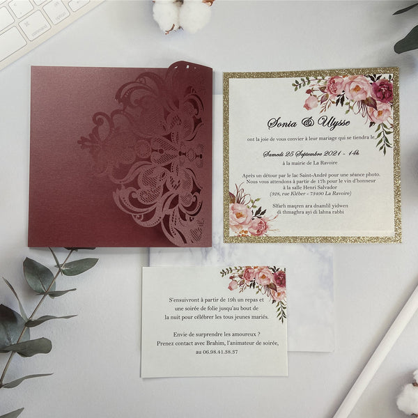 Chic Burgundy Pocket Wedding Invitation with Gold Foil Floral Design Insert LCZ224