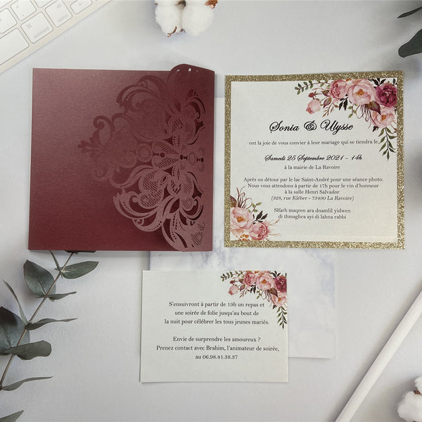 Chic Burgundy Pocket Wedding Invitation with Gold Foil Floral Design Insert LCZ224