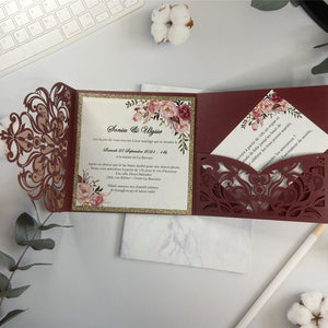 Chic Burgundy Pocket Wedding Invitation with Gold Foil Floral Design Insert LCZ224