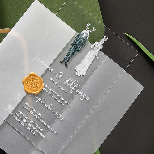 Chic Green Clear Acrylic Wedding Invites with Cartoon Design A040