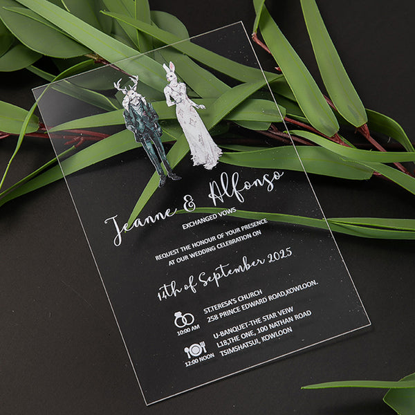 Chic Green Clear Acrylic Wedding Invites with Cartoon Design A040
