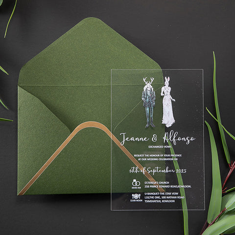 Chic Green Clear Acrylic Wedding Invites with Cartoon Design A040