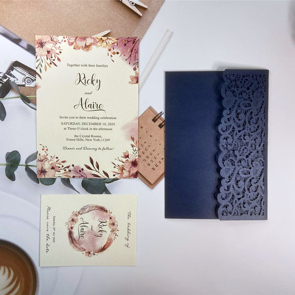 Chic Navy Blue Laser Cut Pocket Fold Wedding Invitations with Pink Watercolor Design LCZ234