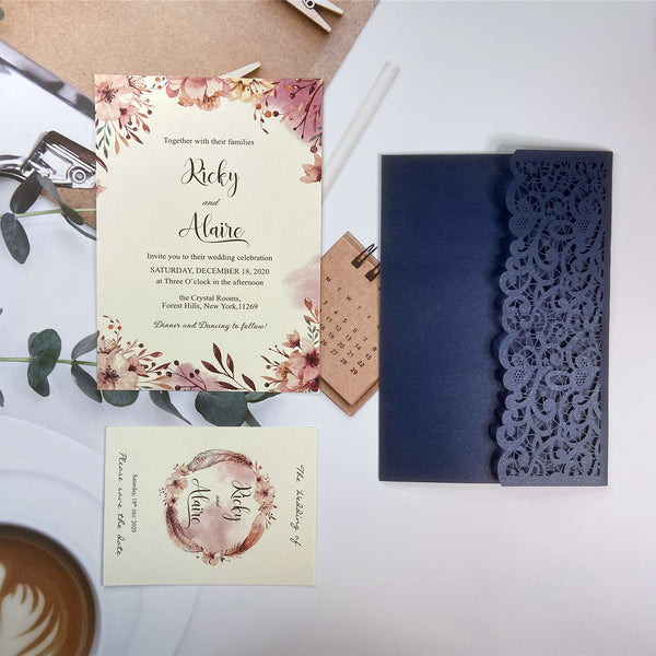 Chic Navy Blue Laser Cut Pocket Fold Wedding Invitations with Pink Watercolor Design LCZ234