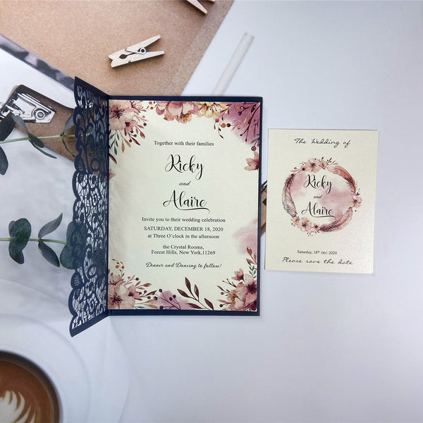 Chic Navy Blue Laser Cut Pocket Fold Wedding Invitations with Pink Watercolor Design LCZ234