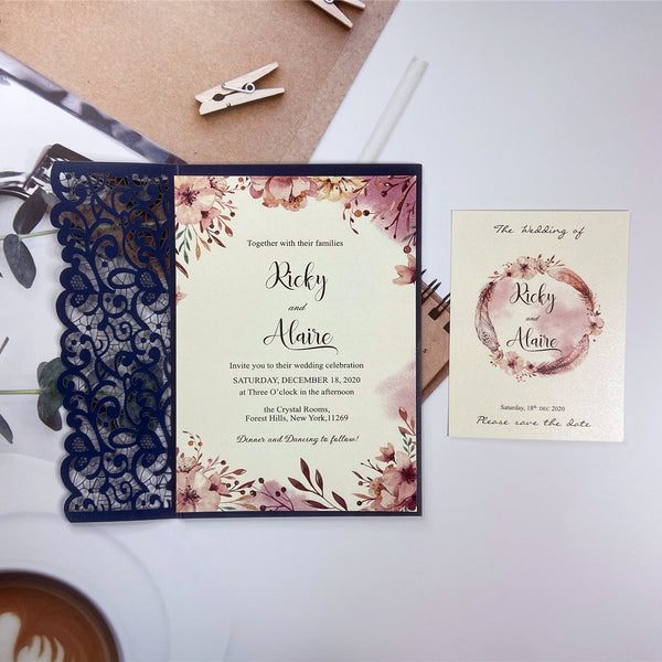 Chic Navy Blue Laser Cut Pocket Fold Wedding Invitations with Pink Watercolor Design LCZ234