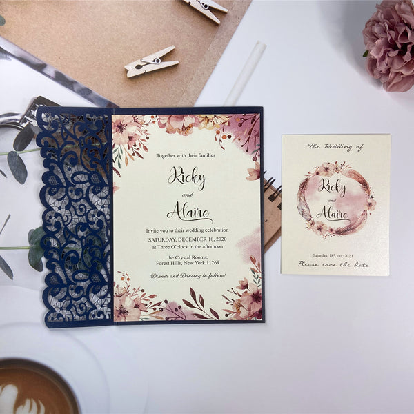 Chic Navy Blue Laser Cut Pocket Fold Wedding Invitations with Pink Watercolor Design LCZ234