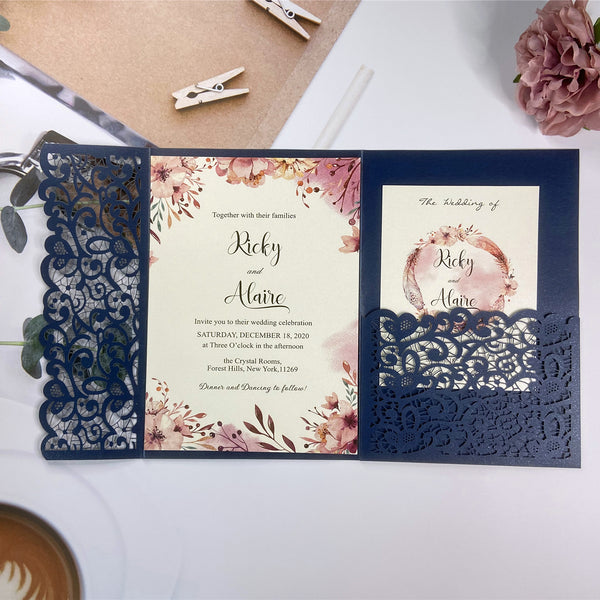 Chic Navy Blue Laser Cut Pocket Fold Wedding Invitations with Pink Watercolor Design LCZ234