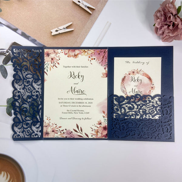 Chic Navy Blue Laser Cut Pocket Fold Wedding Invitations with Pink Watercolor Design LCZ234