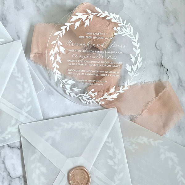 Chic round transparent Acrylic Wedding Invitation with Vellum Envelopes A032