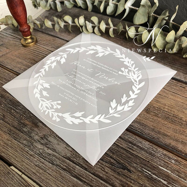 Chic round transparent Acrylic Wedding Invitation with Vellum Envelopes A032