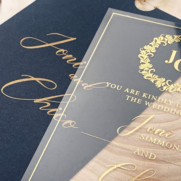 Classic Clear Acrylic Invitation with Navy Blue Pocket and Gold Foil A003