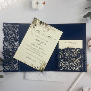 Classic Navy Blue Pocket Laser Cut Wedding with Greenery Design LCZ221