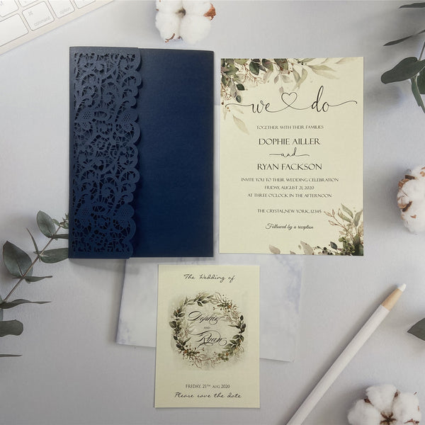 Classic Navy Blue Pocket Laser Cut Wedding with Greenery Design LCZ221