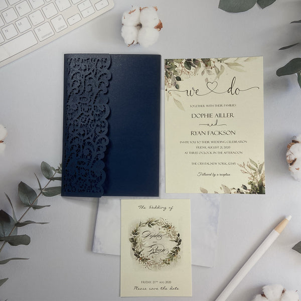 Classic Navy Blue Pocket Laser Cut Wedding with Greenery Design LCZ221