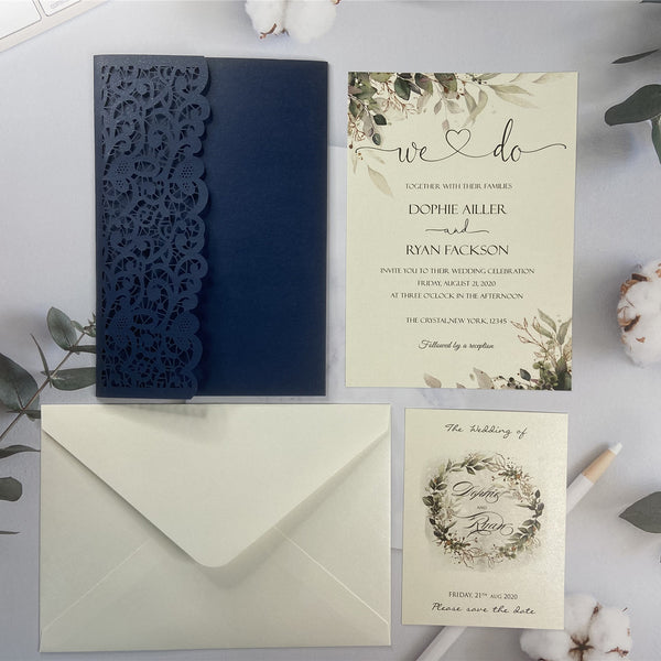 Classic Navy Blue Pocket Laser Cut Wedding with Greenery Design LCZ221