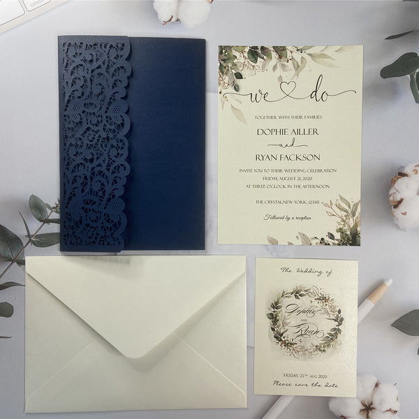 Classic Navy Blue Pocket Laser Cut Wedding with Greenery Design LCZ221