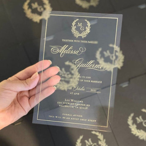 Clear Gold printed Acrylic Wedding Invitations A018