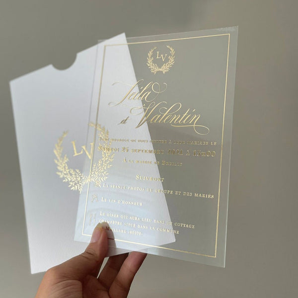 Clear Gold printed Acrylic Wedding Invitations A018