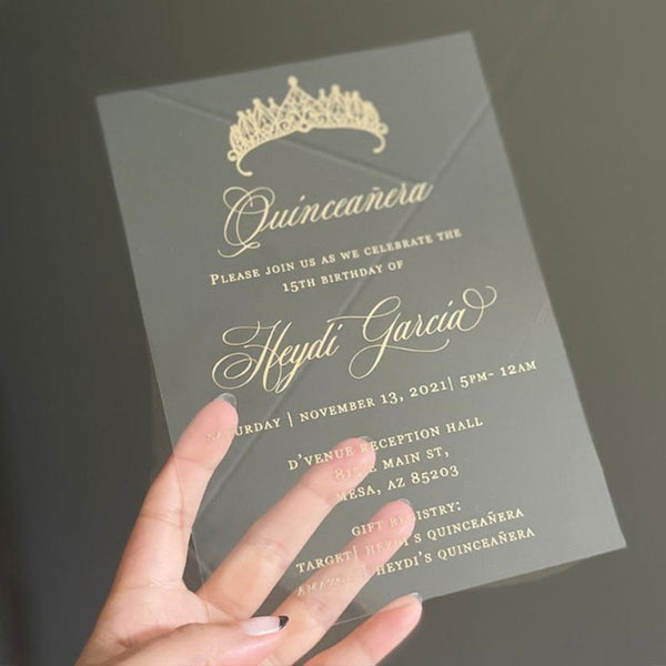 Clear Gold printed Acrylic Wedding Invitations A018