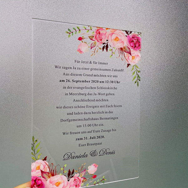 Clear Pink Watercolor Floral Acrylic Wedding Invitations A035