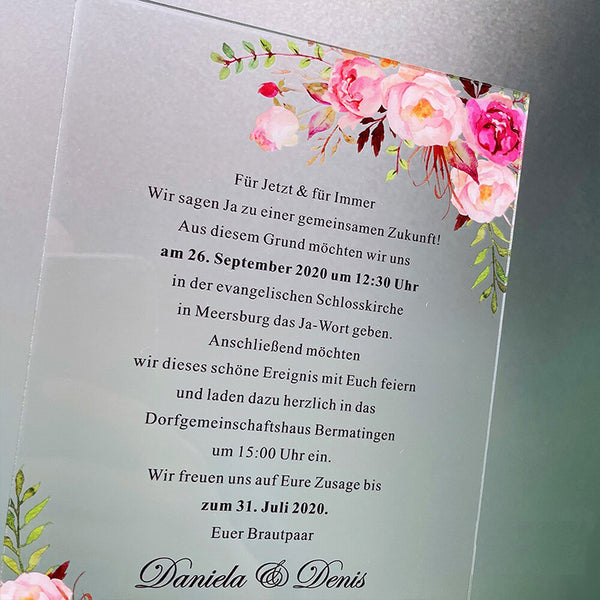 Clear Pink Watercolor Floral Acrylic Wedding Invitations A035