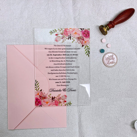 Clear Pink Watercolor Floral Acrylic Wedding Invitations A035