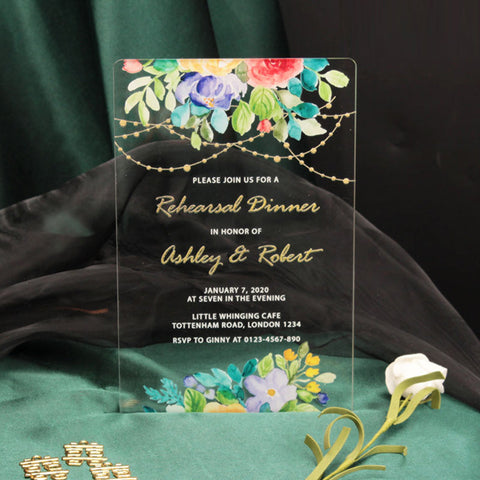 Clear Watercolor Floral Acrylic Wedding Invitations A048