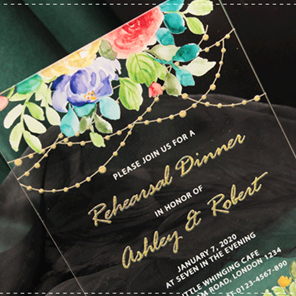 Clear Watercolor Floral Acrylic Wedding Invitations A048