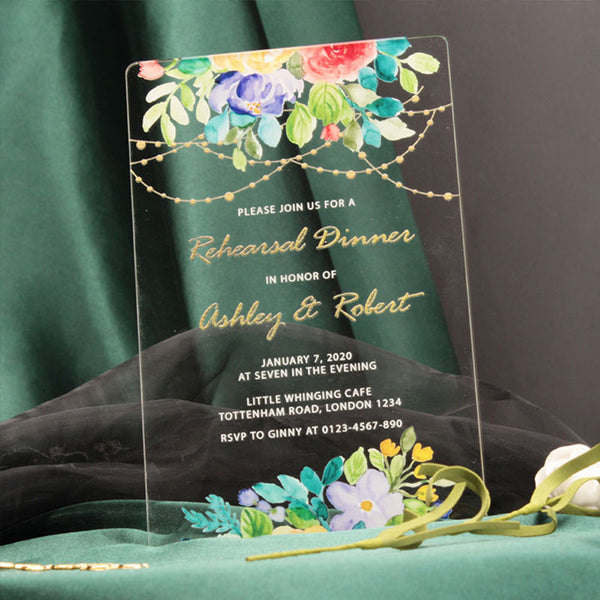 Clear Watercolor Floral Acrylic Wedding Invitations A048