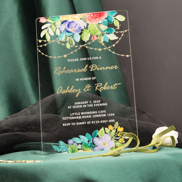 Clear Watercolor Floral Acrylic Wedding Invitations A048
