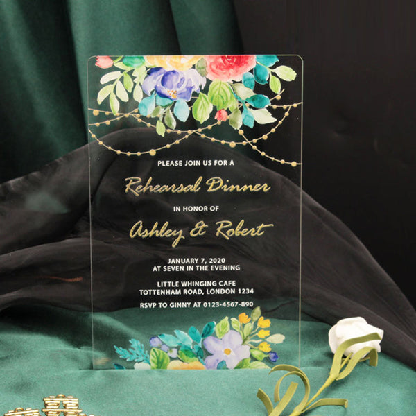 Clear Watercolor Floral Acrylic Wedding Invitations A048