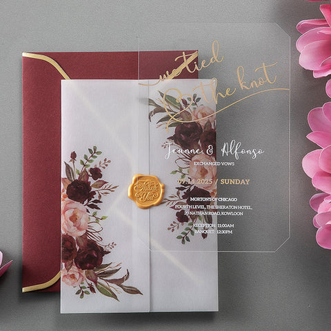 Delicate Clear Acrylic Wedding Invitation with Floral Vellum Pocket A038