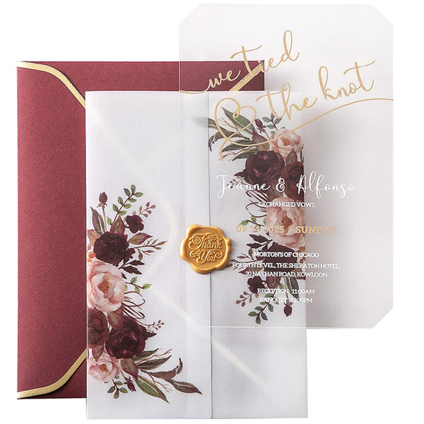 Delicate Clear Acrylic Wedding Invitation with Floral Vellum Pocket A038