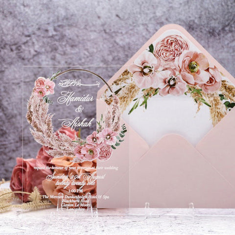 Dusty Pink Floral Acrylic Wedding Invitations A007